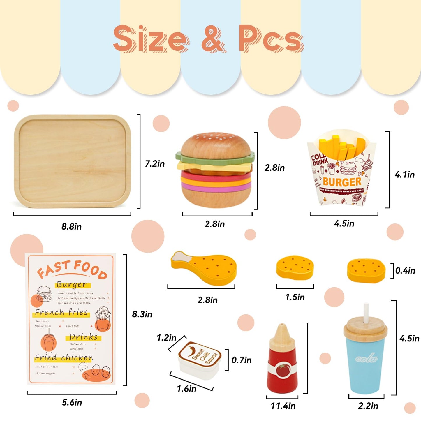 WOODENFUN Pretend Play Food Set for Kids,Wooden Fast Food Playset with Tray Hamburger Cola Fries Combo,Play Kitchen Accessories
