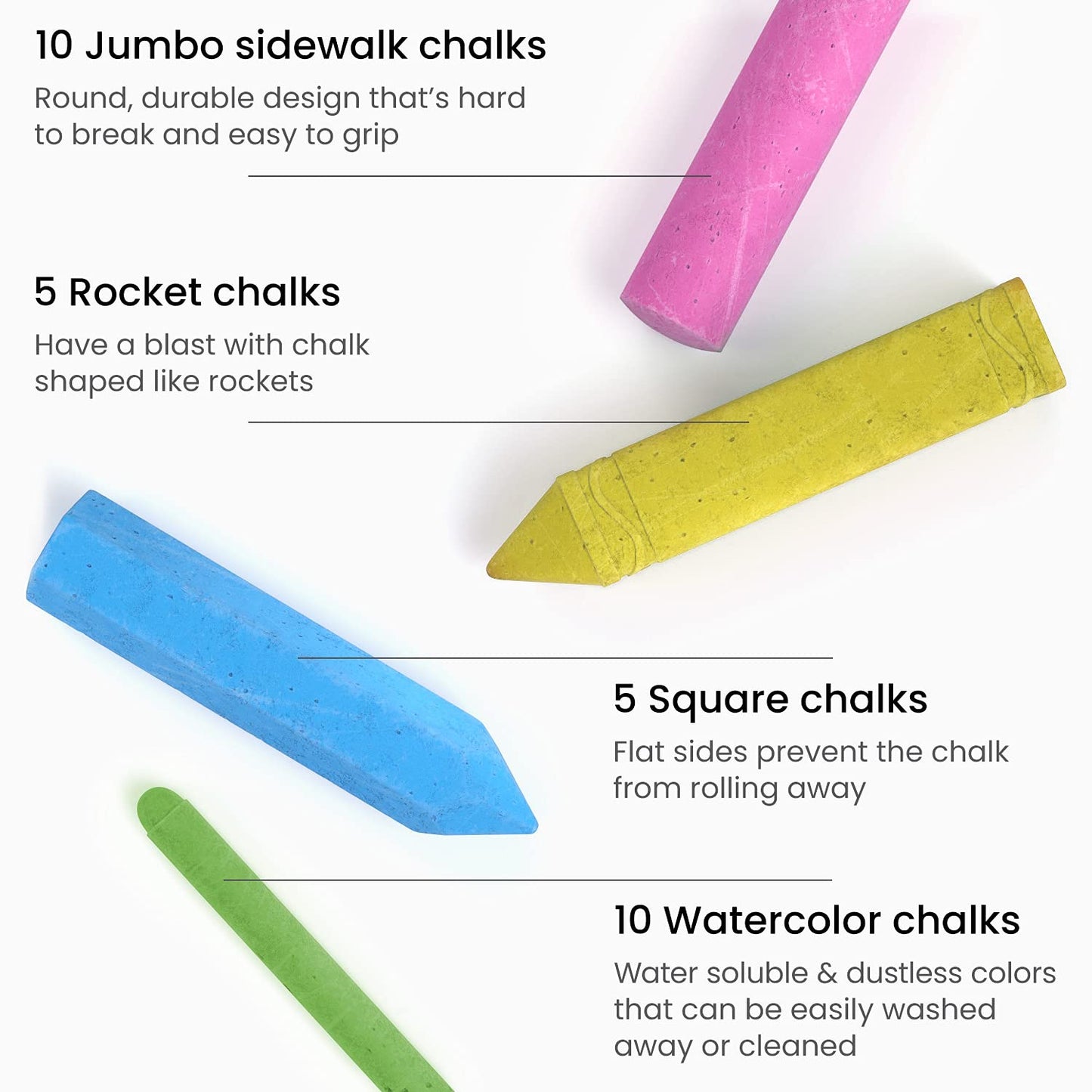 Arteza Kids Sidewalk Chalk Set - 36 Jumbo Washable Pieces with 4 Fun Shapes, Clips, Game Guide & Storage Tote for Outdoor Play