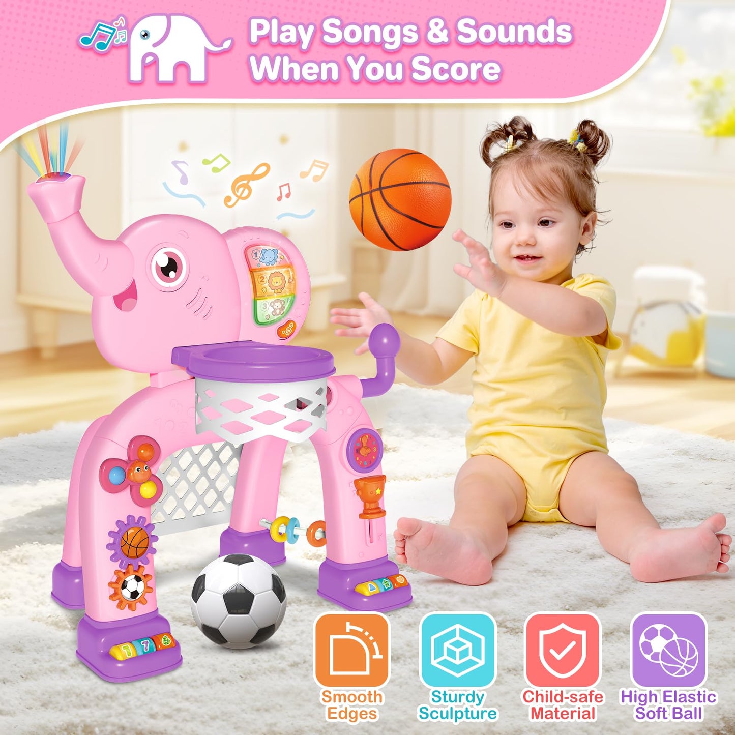 Shemira Toddler Basketball Hoop & Soccer Goal Activity Center Toys With Light & Music,Elephant Toddlers Musical Toys Gift, Baby