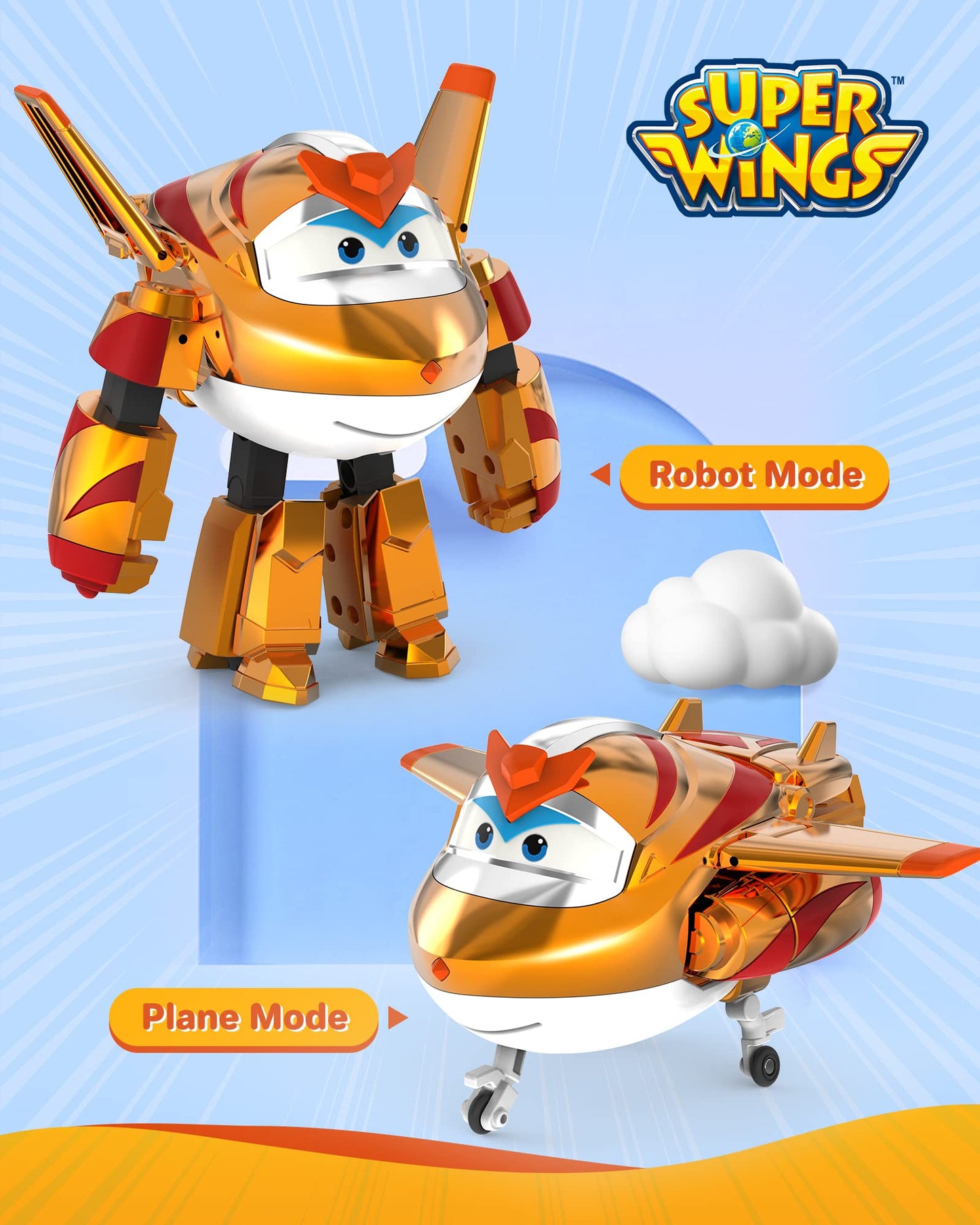 Super Wings 5" Transforming Golden Boy Airplane Toy Action Figure - Plastic, Multicolor, Model US750231, Perfect Birthday Gift for Kids