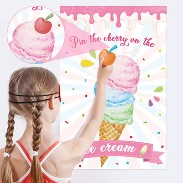 Hooqict Pin The Cherry On The Ice Cream Game Birthday Party Games For Kids Ice Cream Theme Party Decorations Supplies For Girls, Large Ice Cream Poster With 36 Cherry Stickers Wall Decor