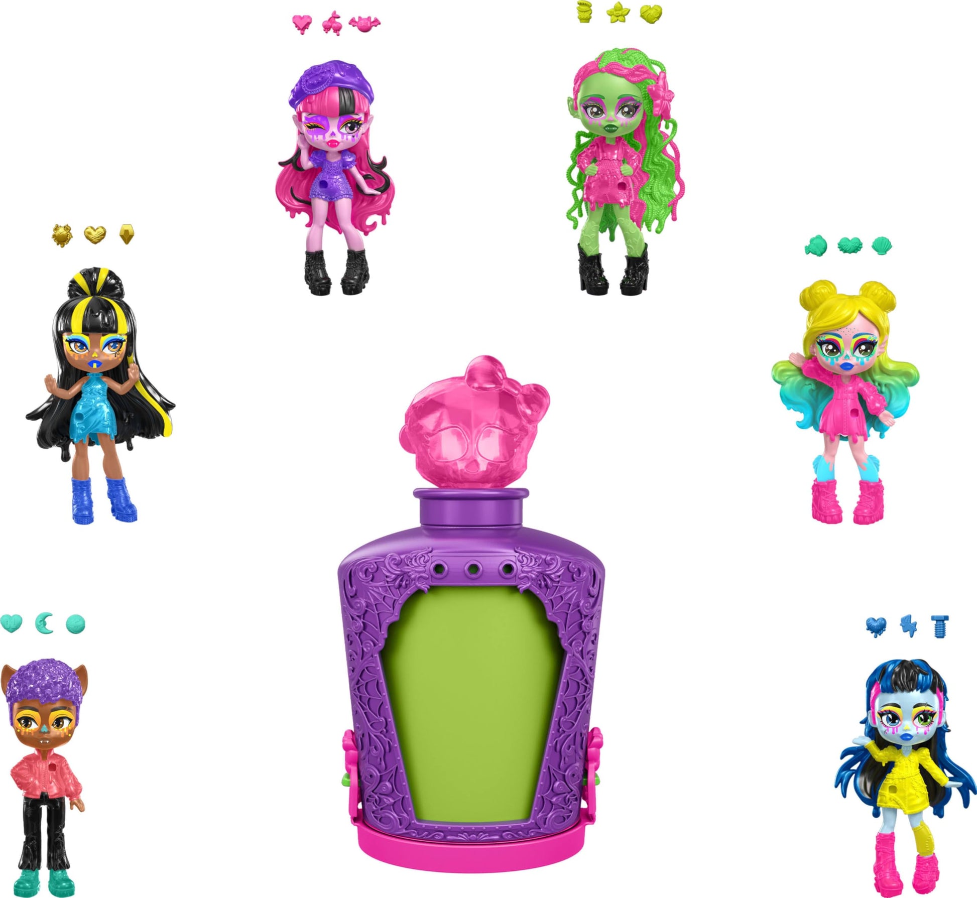 Monster High Potions Mini Dolls and Accessories, Surprise 3-inch Character Figures in Display Bottle with Water Reveal & Charms 