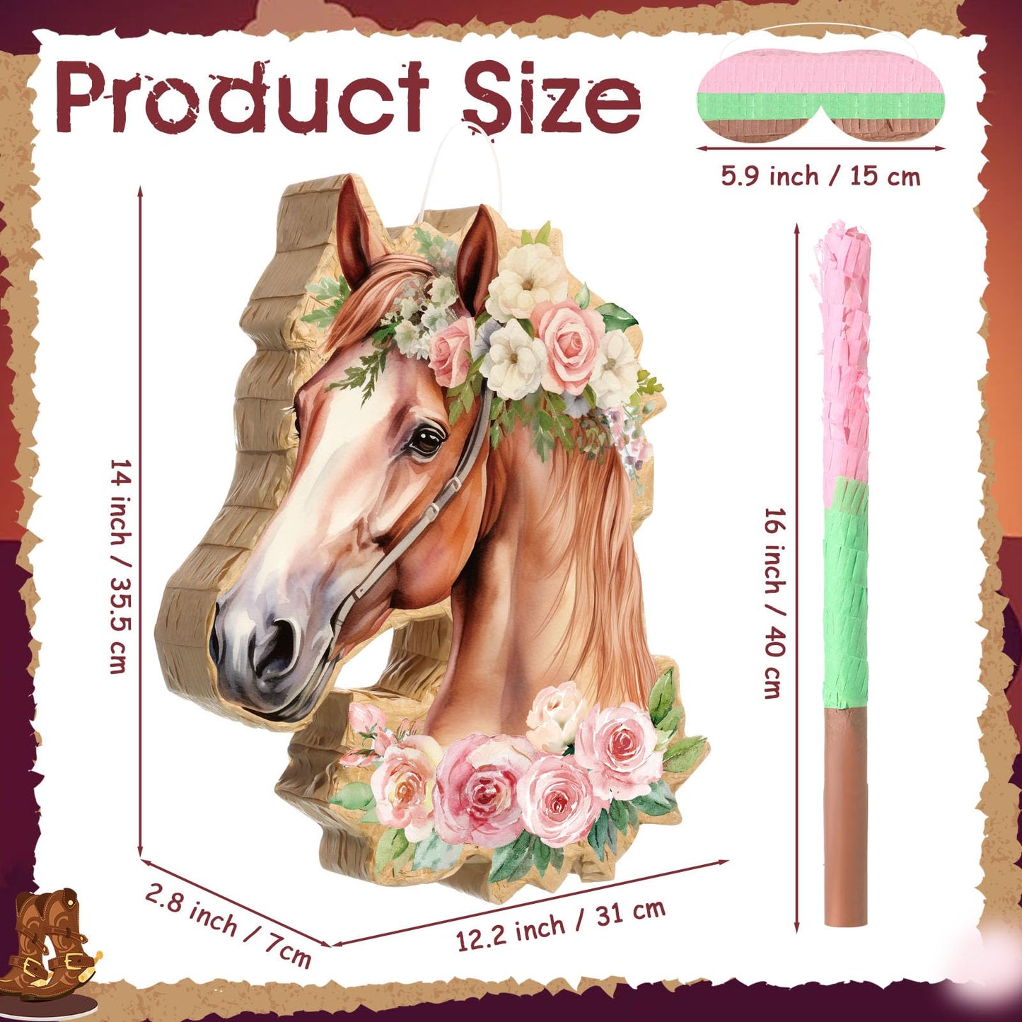 Pajean Horse Piata Decoration Cowgirl Western Piata with Stick Blindfold Photo Prop Gift Holder for Girls Kids Bridal Shower Bir