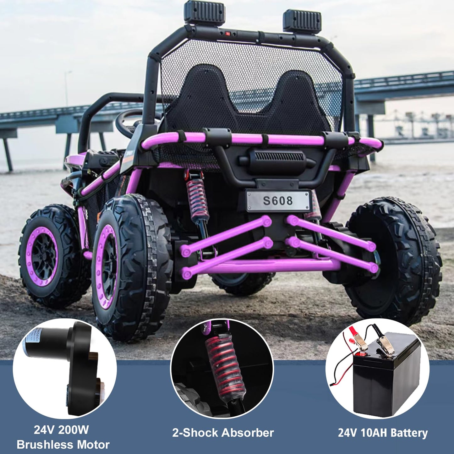 Alinux 24 Volt 10Ah Ride On Car Utv 2 Seater, Kids Electric Car, Metal Frame, Brake&Gas Pedal, Eva Tires, Bluetooth,Purple Pink