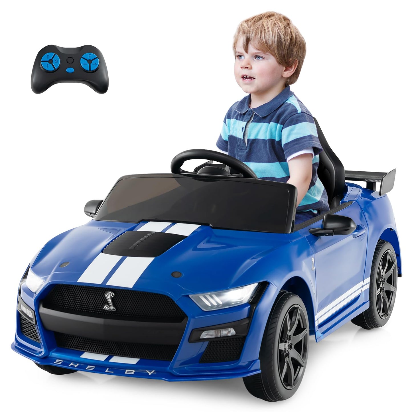 Costzon Ride on Car  12V Licensed Ford Mustang Shelby GT500 Kids' Electric Vehicles w/Remote Control  USB Port  Radio  Music  Player  High Low Speed & Soft Start  Racing Kids Car for Toddler (Blue)