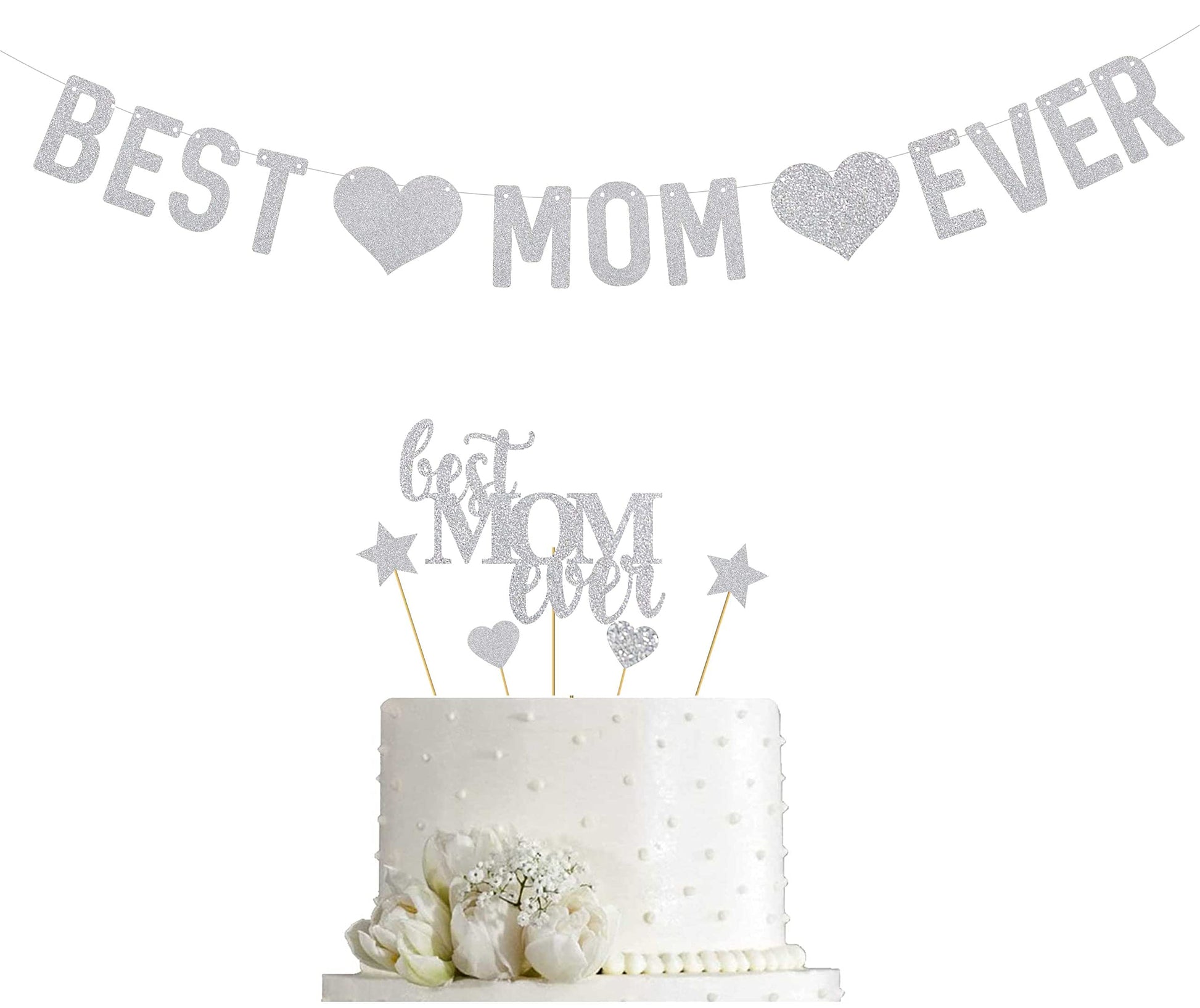 Svm Craft Best Mom Ever Cake Topper And Banner Silver For Happy MotherS Day, Mothers Birthday Cake Topper, Mother Birthday Part