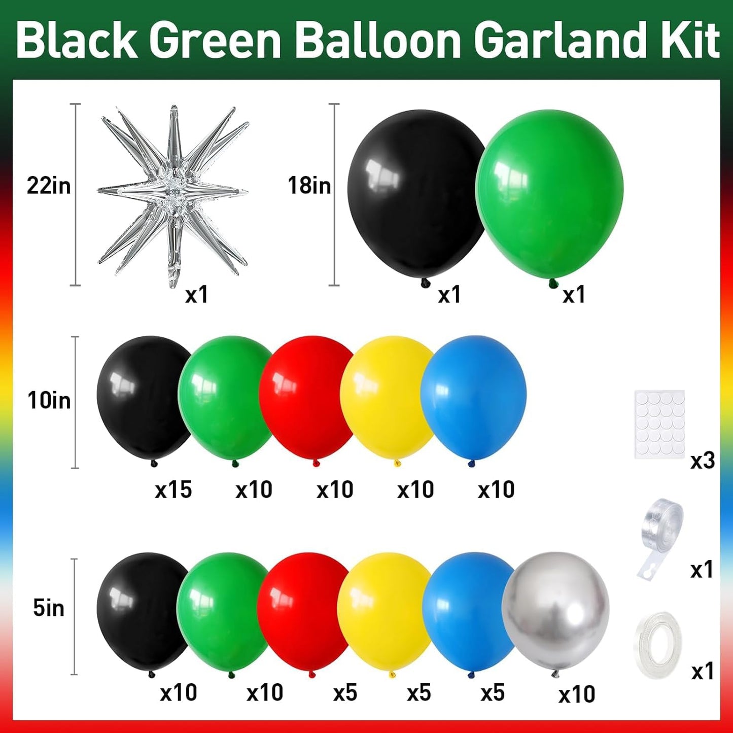 Black Red Yellow Green Balloon Garland Arch Kit, Colorful With Black Red Blue Yellow Green Metallic Silver Balloons Supplies For