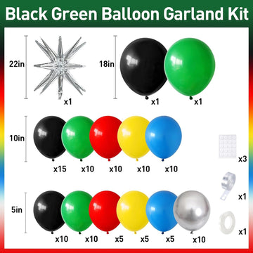 Black Red Yellow Green Balloon Garland Arch Kit, Colorful With Black Red Blue Yellow Green Metallic Silver Balloons Supplies For