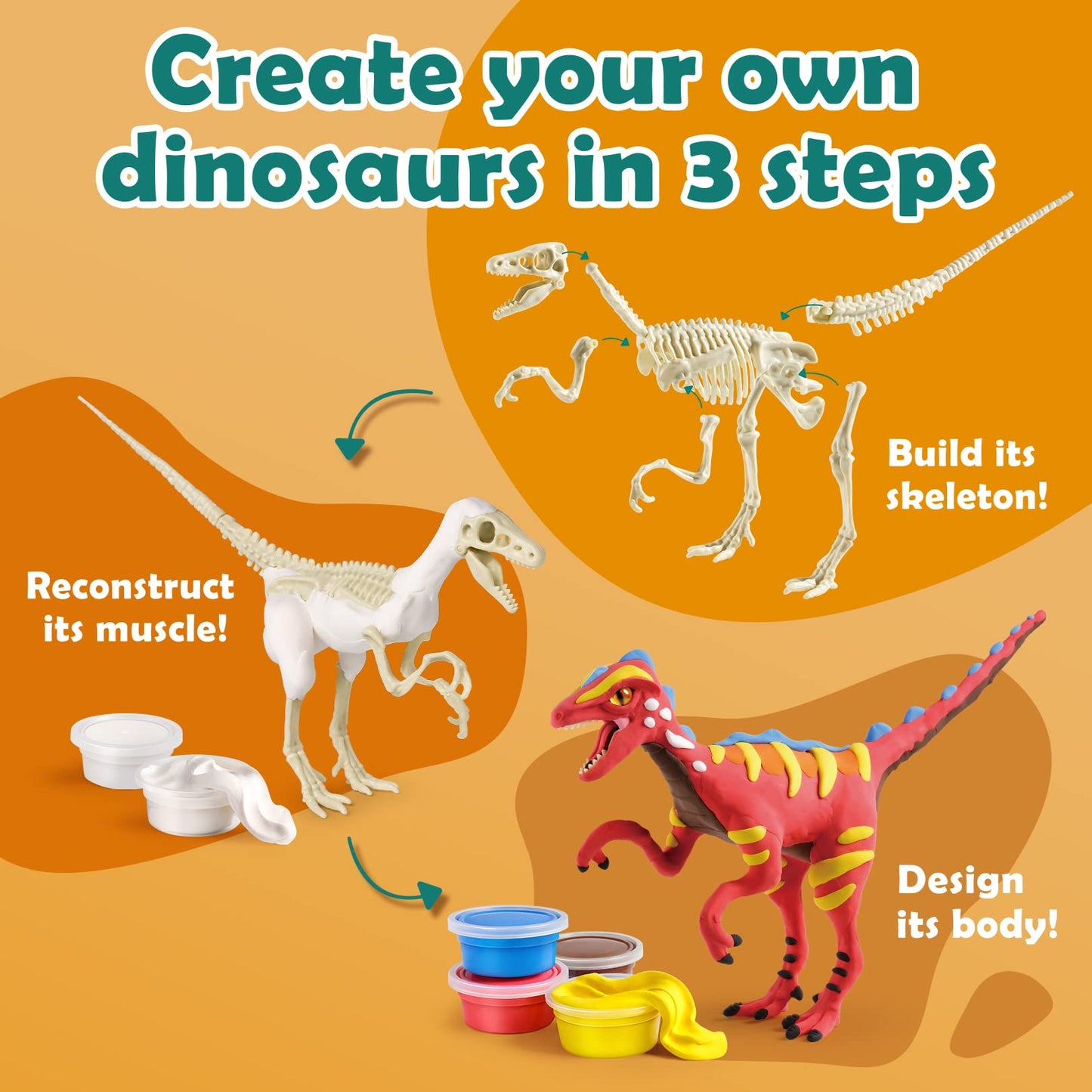 Drama Planet Air Dry Clay Dinosaur Craft Kit For Kids, Build And Design Your Own Dinosaurs With Modeling Clay, 3 Dinosaur Fossil