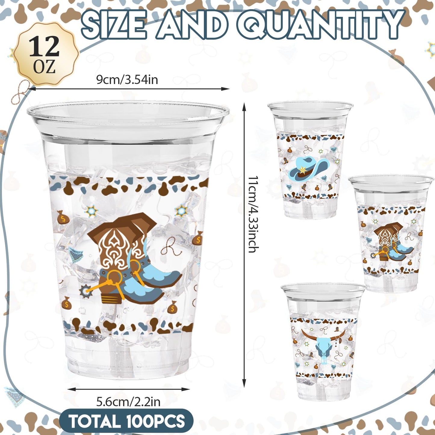 ZCPTZ 100 Pcs Western Cowboy Plastic Cups, 12 oz Blue Cowboy Party Cup Clear Disposable Western Cowboy Cups for Western Cowboy B