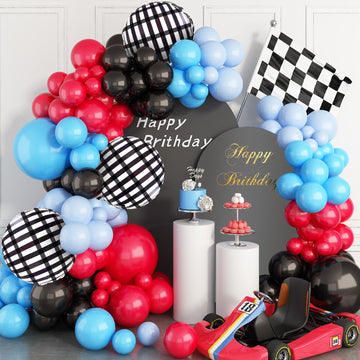Race Car Balloons Arch Garland Kit Red Blue Black Checkered Flag Foil Balloon Racing Car Theme Two Fast 2Nd Birthday Race Car Theme Party Decorations Supplies For Boys
