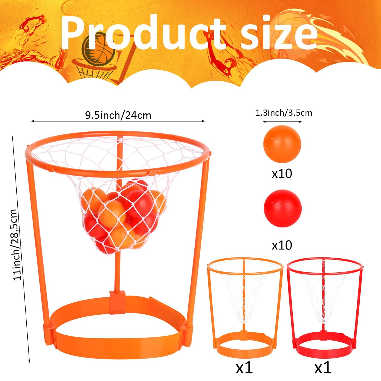 2 Pack Head Hoop Basketball Party Game For Kids And Adults Carnival Game Adjustable Basket Net Headband With 20 Balls For Carnival Party Birthday Party Family Indoor Outdoor Game (Red + Orange)