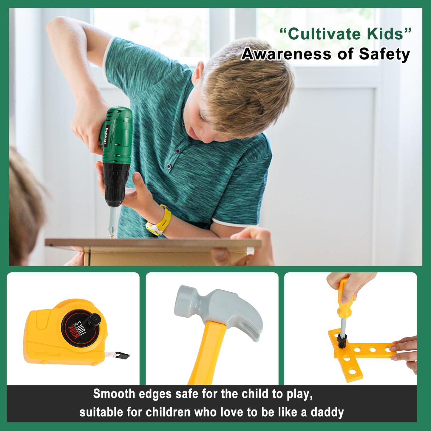 Mathea Kids Tool Set, Toddler Tool Set, Pretend Play Kids Construction Drill Toys for Kids with Electronic Chainsaw Toys & Kid D