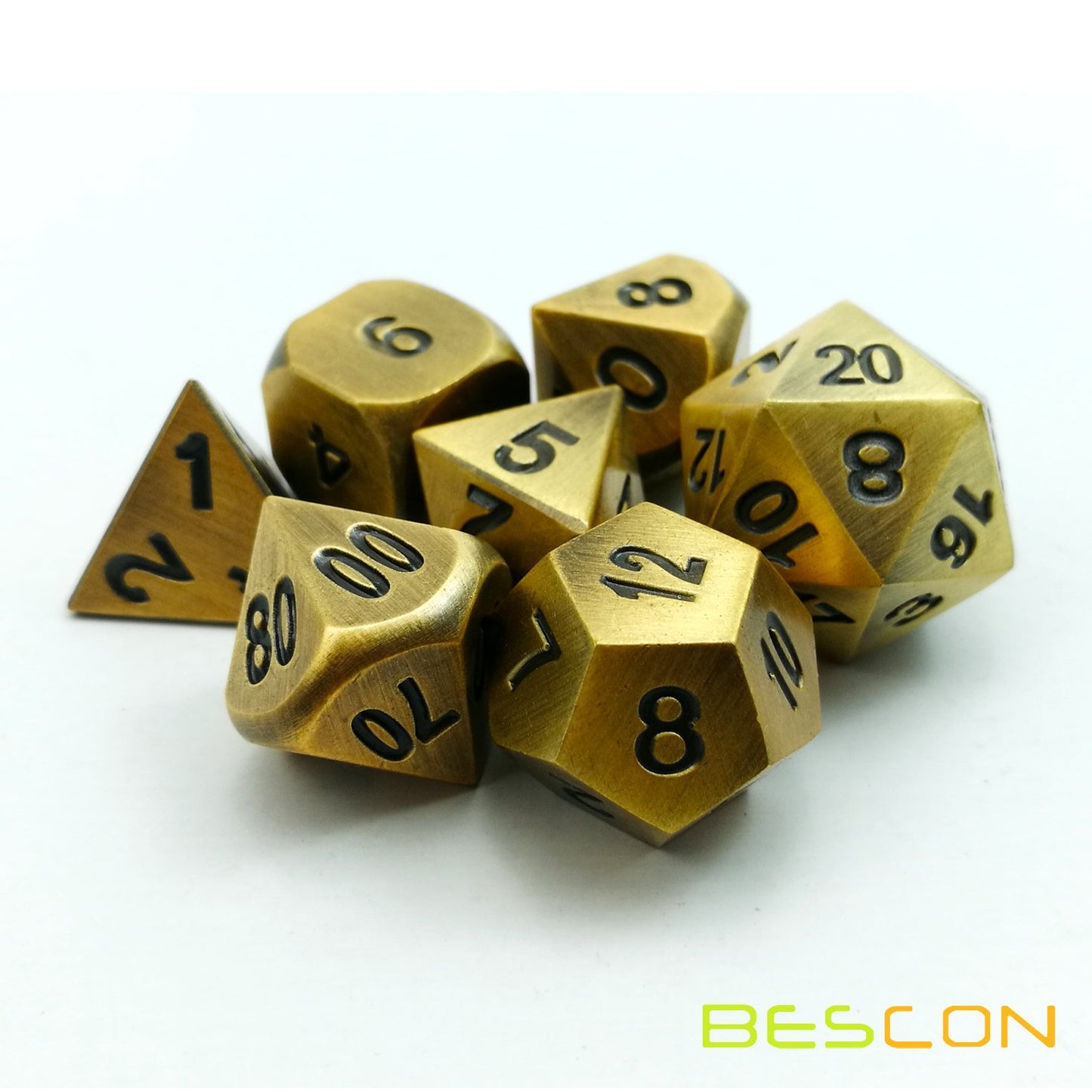 Bescon Brass Solid Metal Polyhedral D&D Dice Set of 7 Copper Metal RPG Role Playing Game Dice 7pcs Set
