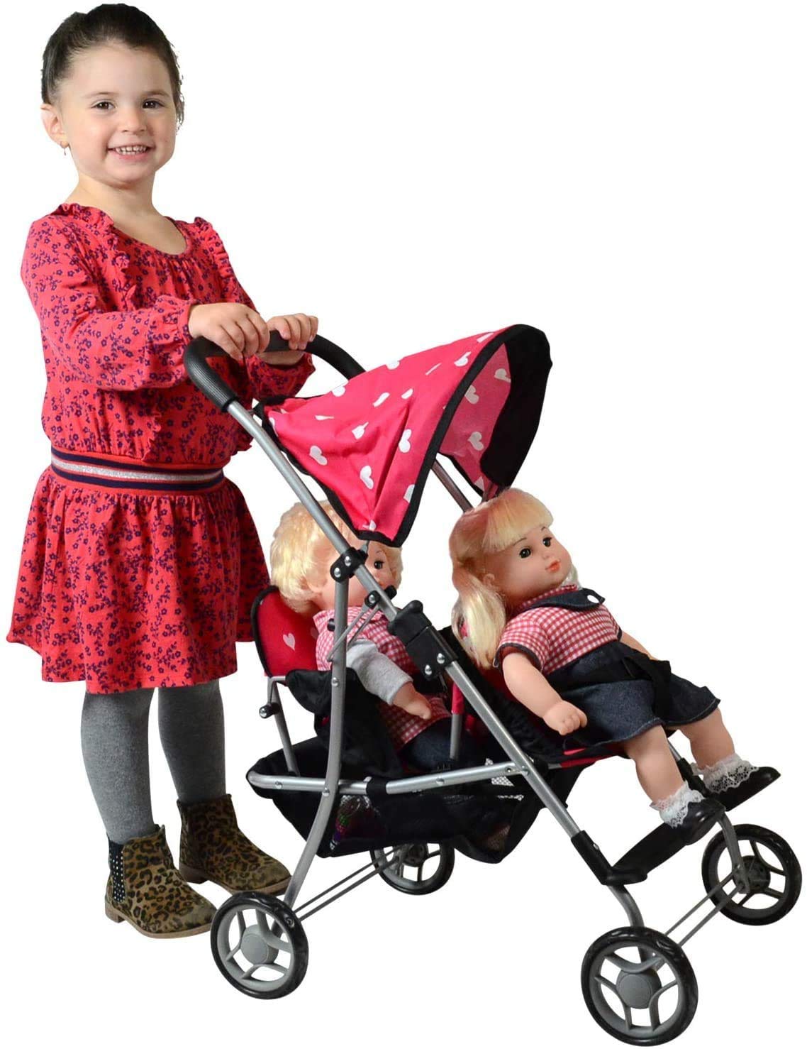 The New York Doll Collection My First Doll Twin Stroller, 18" Red Metal - Cute Heart Design for Girls