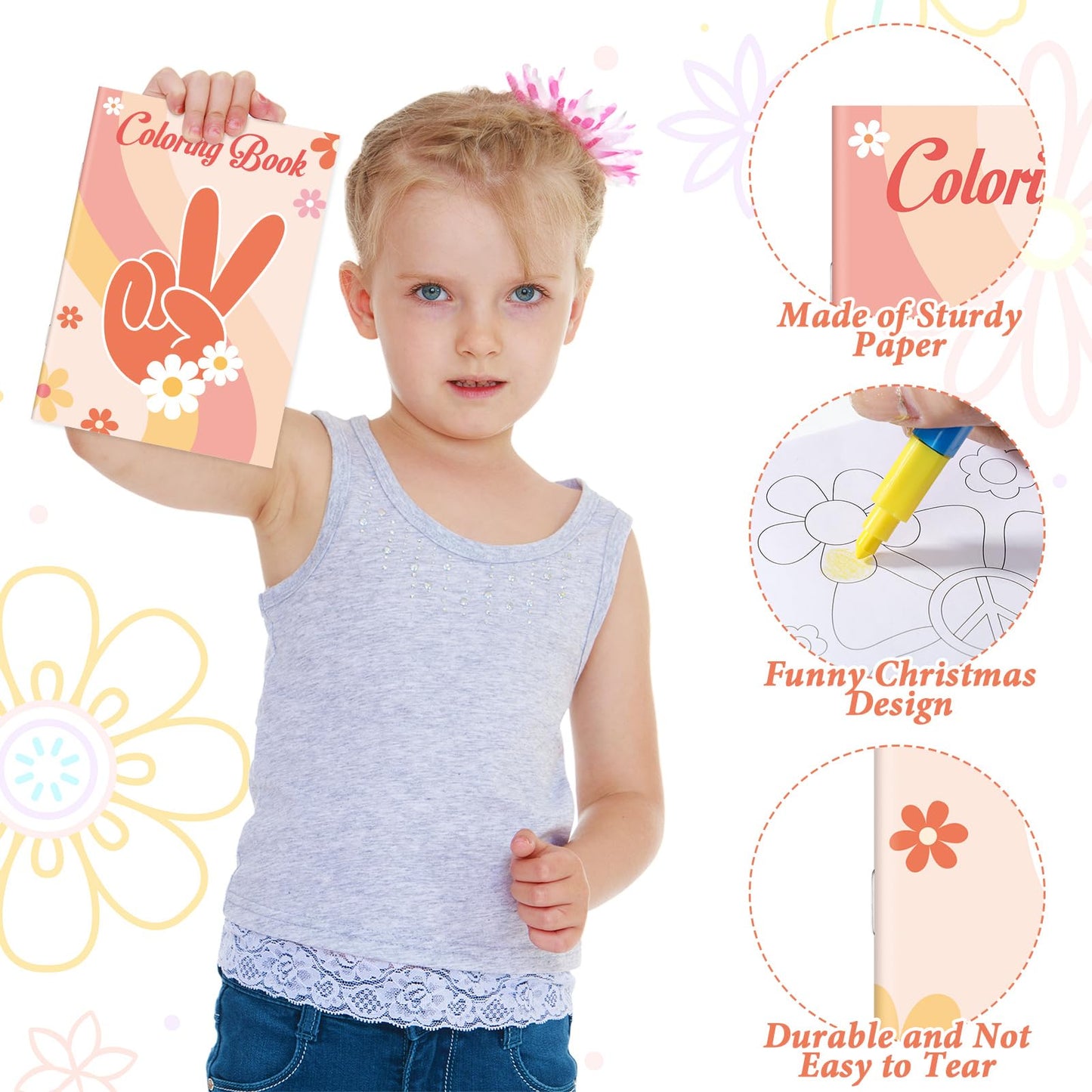 Honoson 24 Pcs Hippie Boho Coloring Books Kids Stay Groovy Drawing Book Peace Sign Mini Coloring Book Daisy Rainbow Hippie Bus A