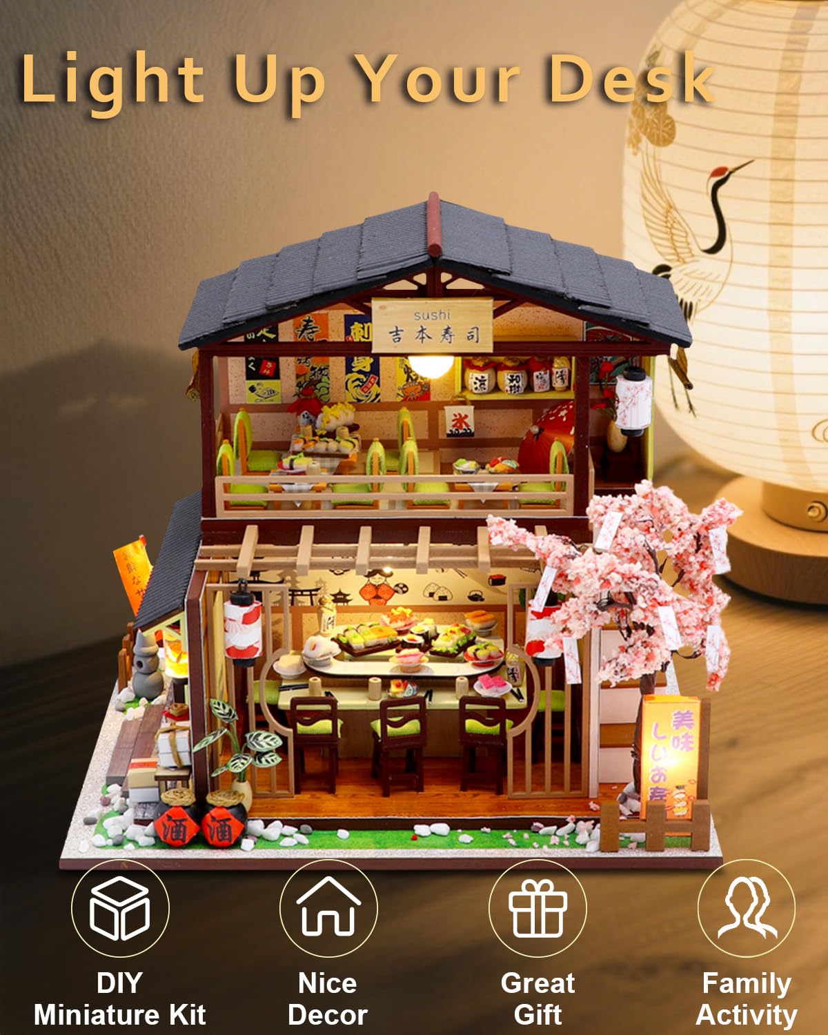 OurMiao Miniature House Kit - Gibbon Sushi  DIY Wooden Dollhouse for mature-themeds with LED & Furniture  Tiny House Craft Gift for Teens Families Friends