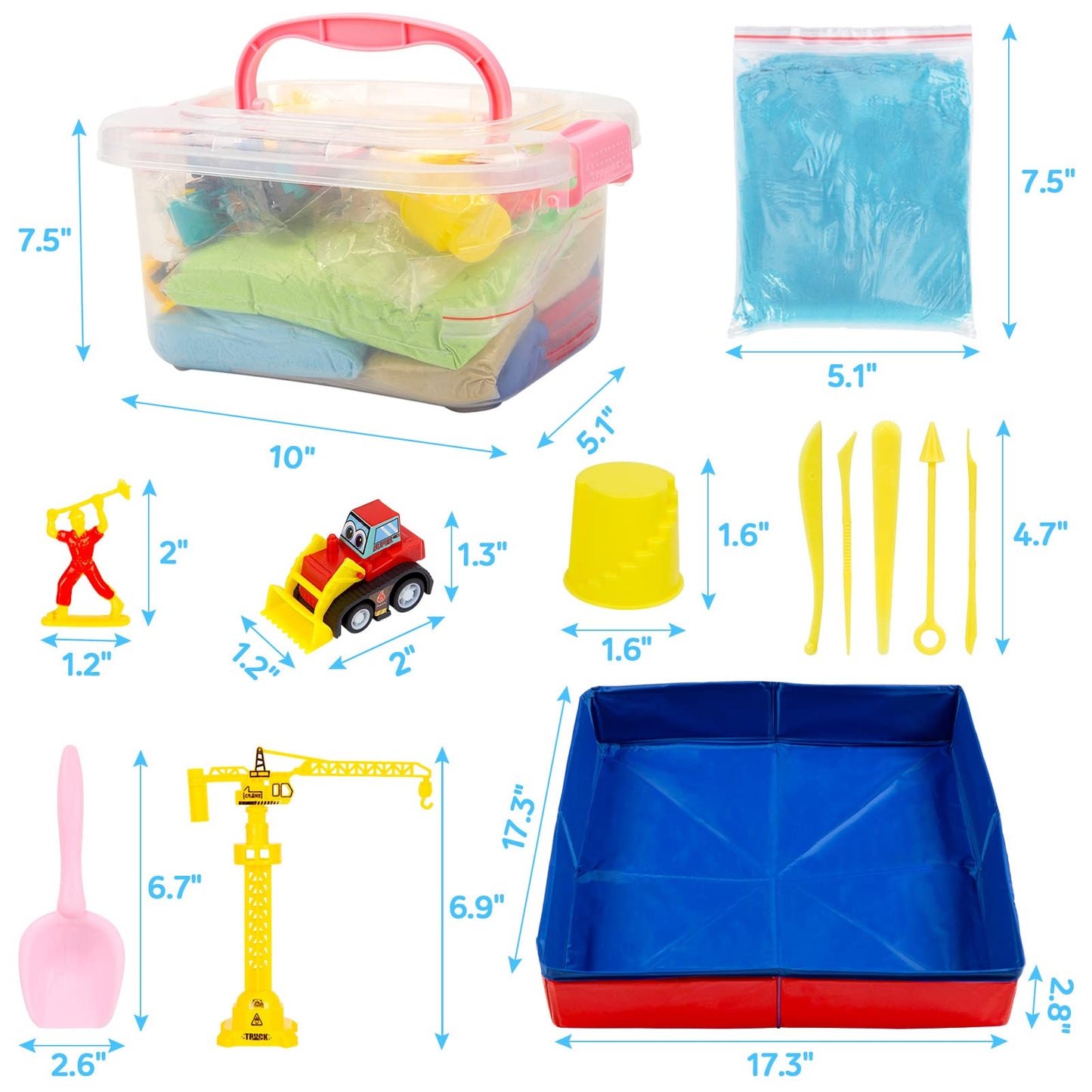 Play Construction Sand Kit for Kids, 3lbs Sand, 6 Mini Construction Trucks, Construction Toys and Signs, Castle Sand Molds Tools