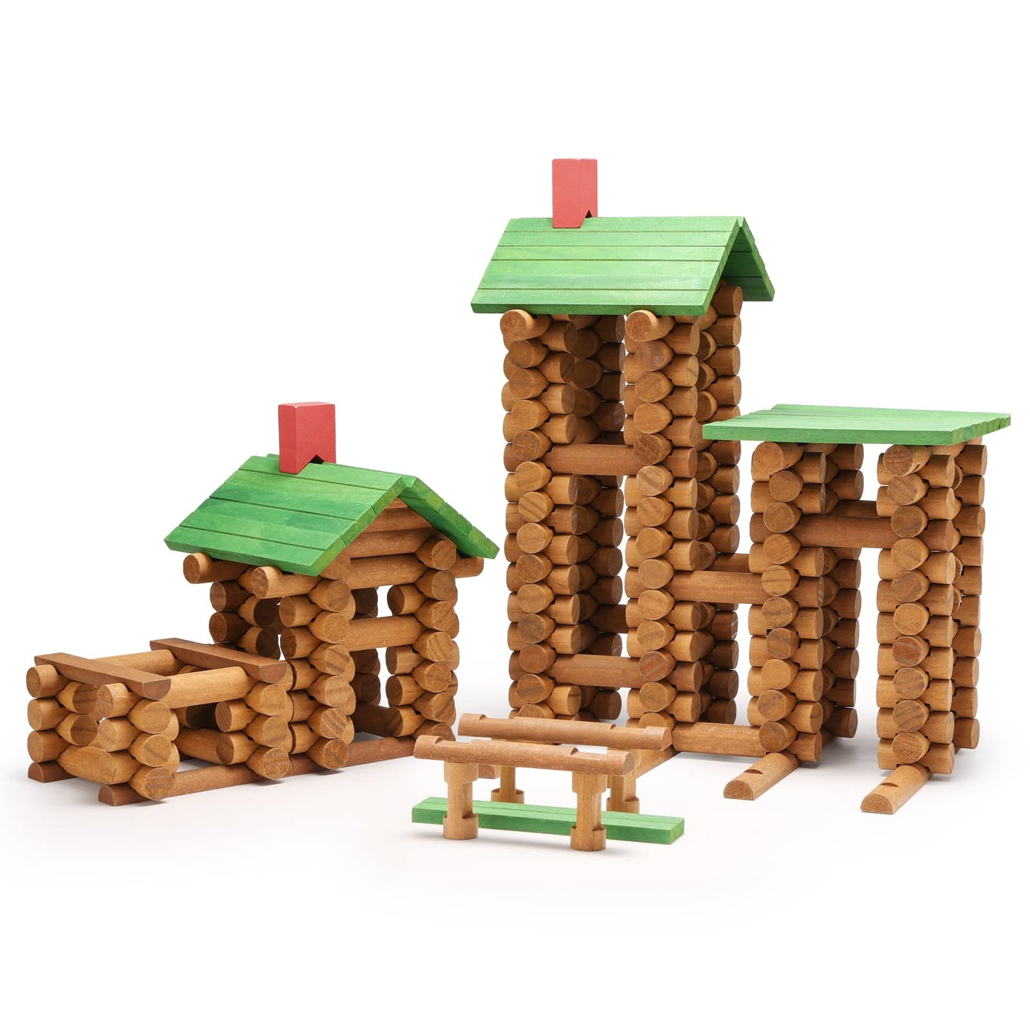 SainSmart Jr. Wooden Log Cabin Building Toy Set, 300 PCS STEM Kit for Toddlers, Brown, Model 20-353