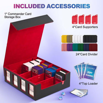 Uaono Trading Card Storage Box With Commander Display; 2400+ Deck Box For Mtg With Removable Cover; Toploader Card Case Fits Magic Tcg Ptcg Sports Cards; 24 Dividers, 4 Stoppers (Black, Red)