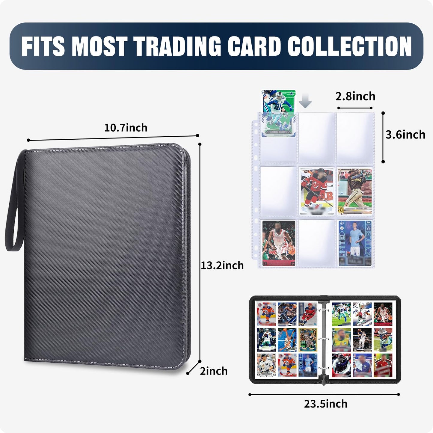LOMONEH 900 Pockets Trading Card Binder  PU Leather Card Collection Binder 9 Pocket  Card Binders for Baseball & Sports  MTG  TCG & Game Cards (Striped Black)