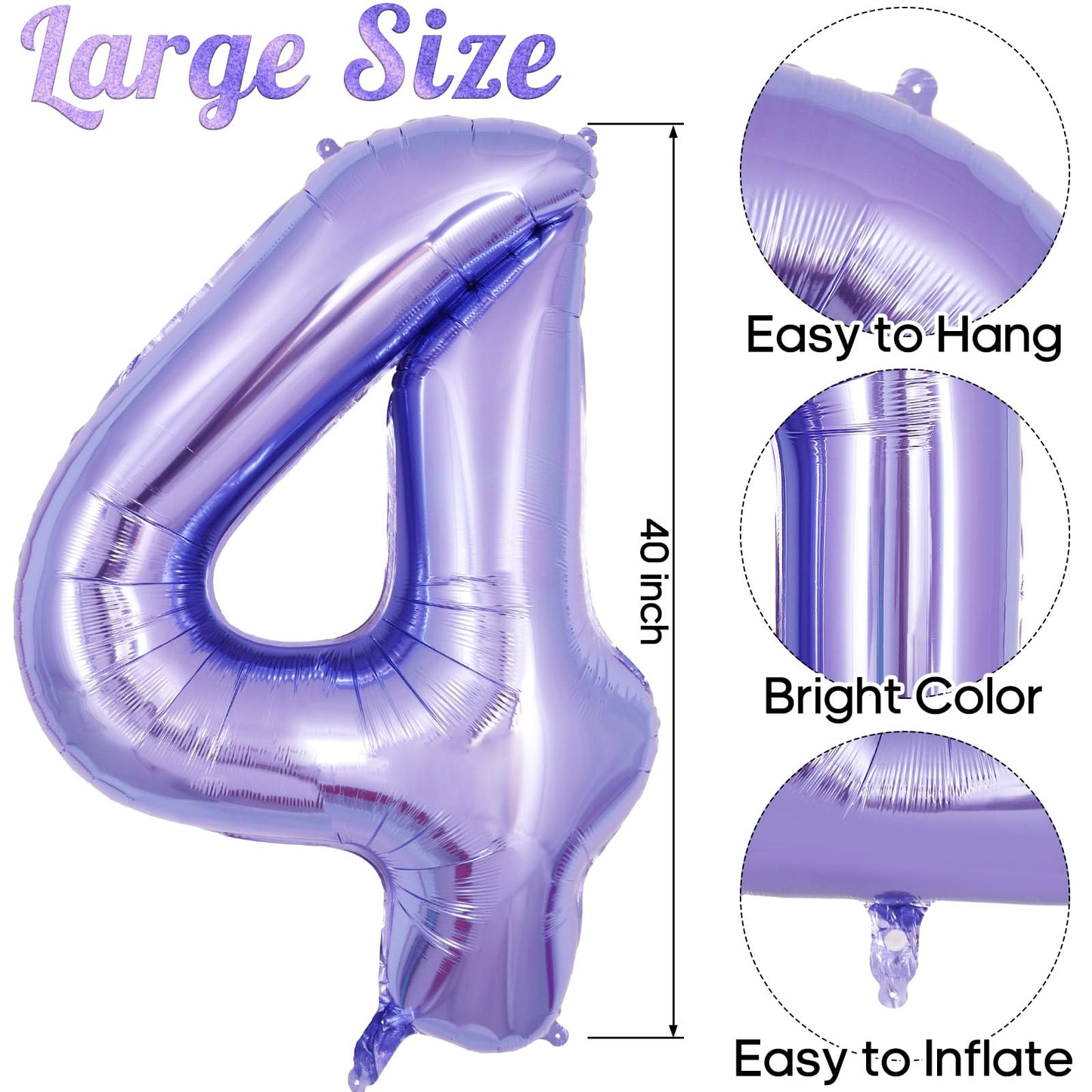 Purple Number 4 Balloon 40 Inch, Big Large Foil Helium Number Balloons, Giant Mylar Number 4 Balloons For 4 Year Old Birthday An