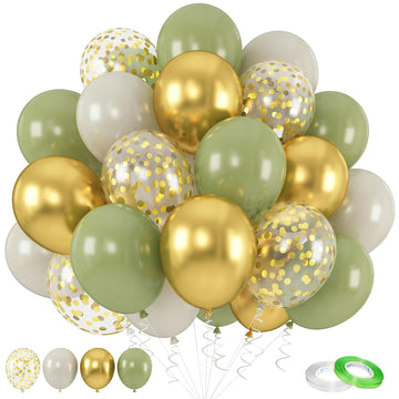 Sage Green And Gold Balloons, 60Pcs 12 Inch Sage Green White Sand Balloon Set With Metallic Chrome Gold Confetti Latex Helium Balloons For Jungle Safari Forest Theme Birthday Graduation Party Supplies