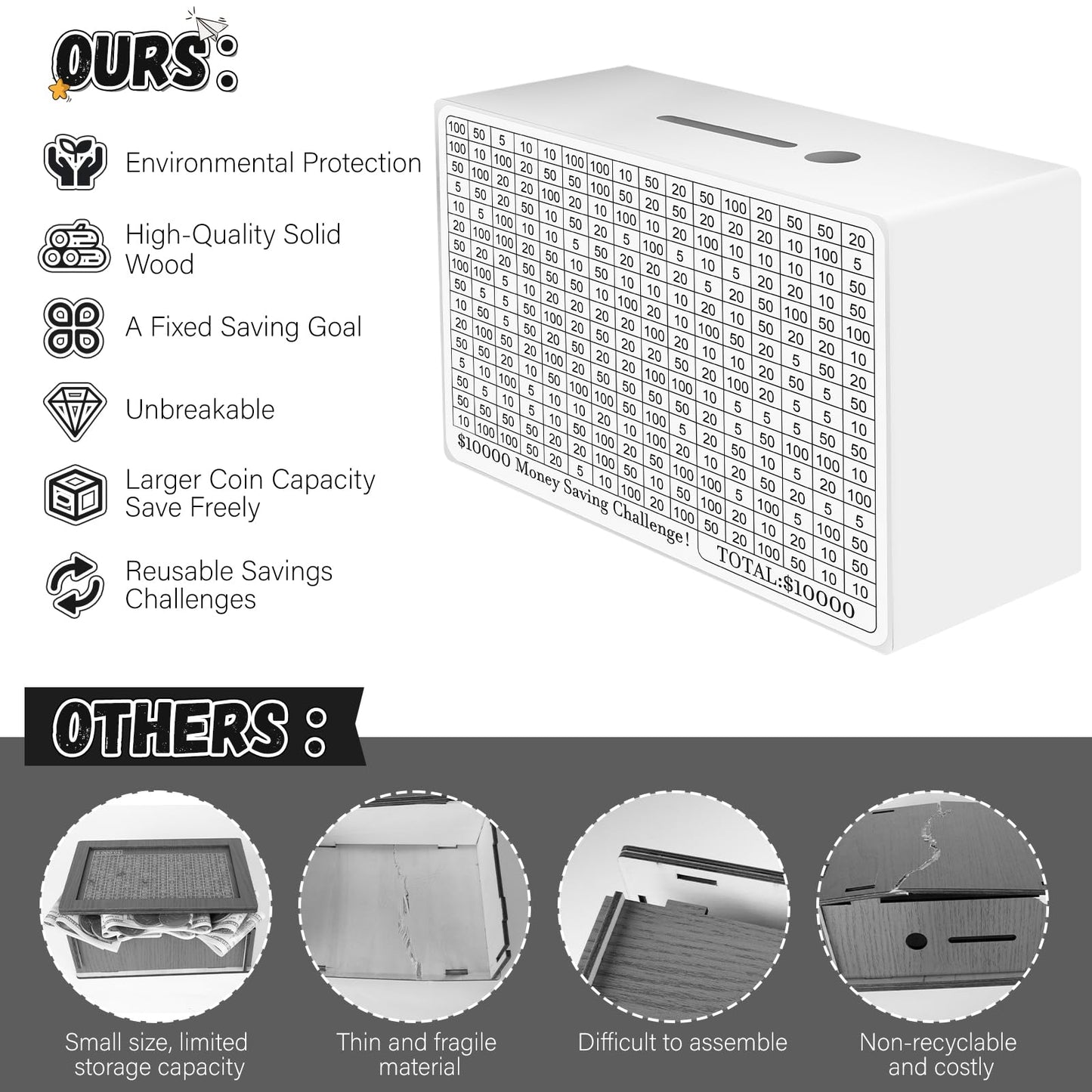 Wooden Money Saving Box, Cash Savings Box For $10000 $5000 $3000 Target Money Saving Challenge, Reusable Money Box With Counter,