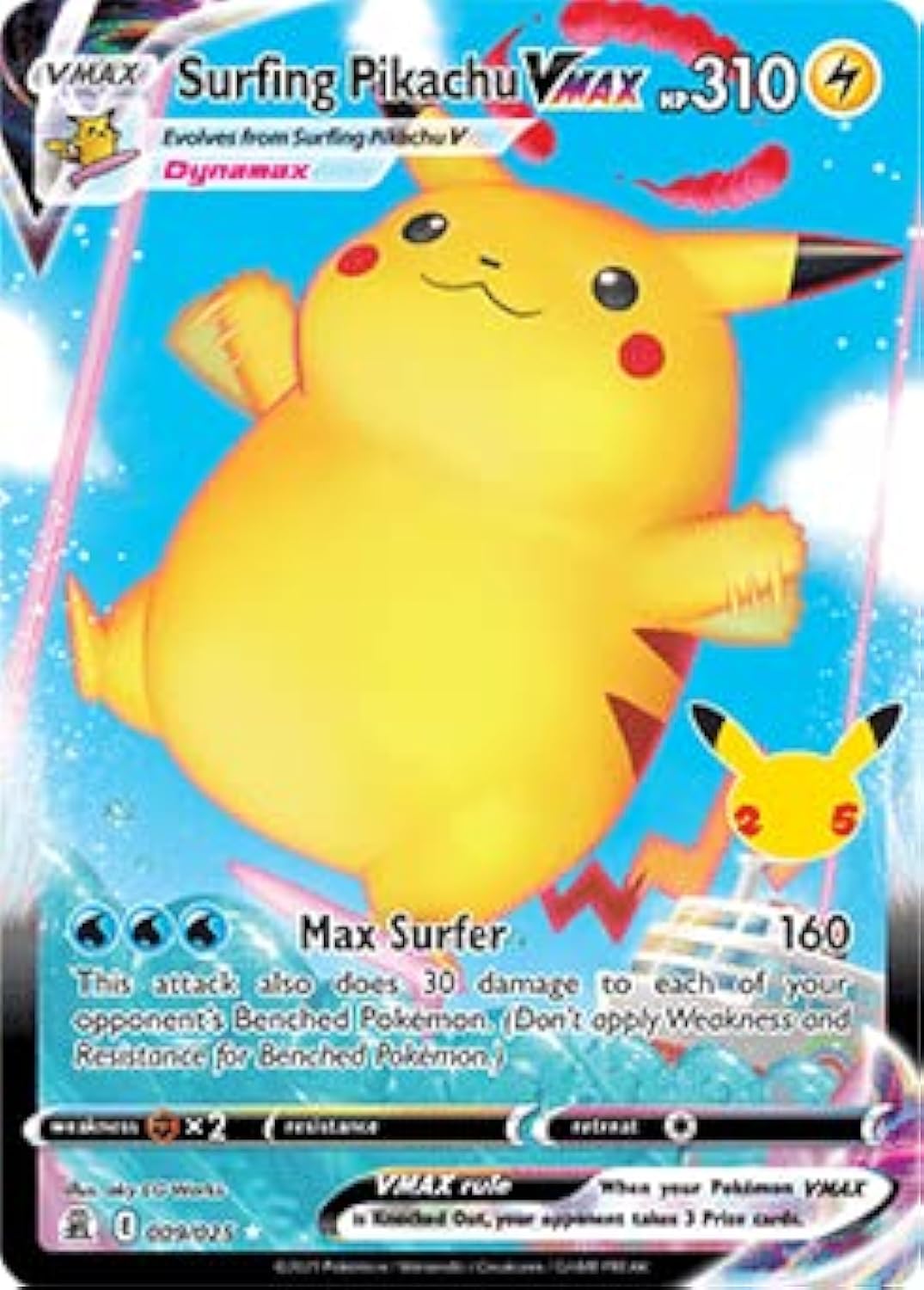 Pokemon Celebrations Surfing Pikachu Vmax, 25Th Anniversary,Full Art Rare Holo Vmax + Surprise Card!