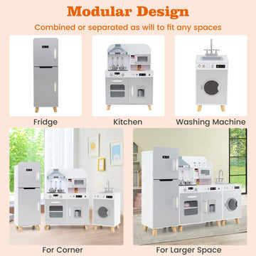 Costzon 3-Piece Play Kitchen for Kids, Wooden Toy Kitchen Set with Refrigerator, Washing Machine, Range Hood, Ice Maker, Kids Ki