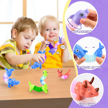 Delighkidz Animals Easter Fidget Toys For Toddlers: 6 Pack Led Animal Pop Tubes For Kids 2 3 4 5 6 7 Year Old Girls Boys Birthday Gifts Autism Sensory Toy For Kid Age 3-5 Tube Light Up Party Favors