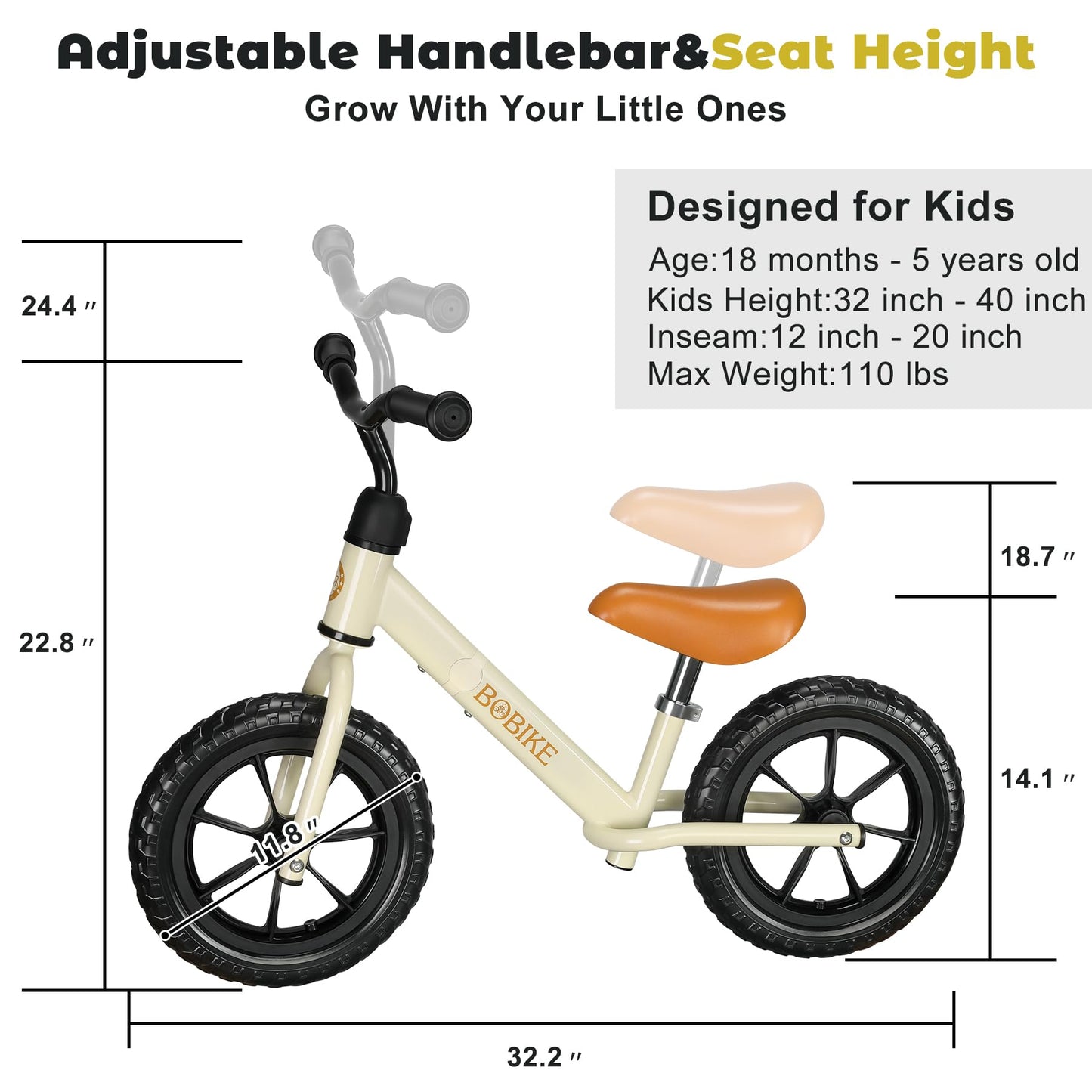 Bobike Toddler Balance Bike Toys For 2 To 5 Year Old Girls Boys Adjustable Seat And Handlebar No-Pedal Training Bike Best Gifts For Kids (White)