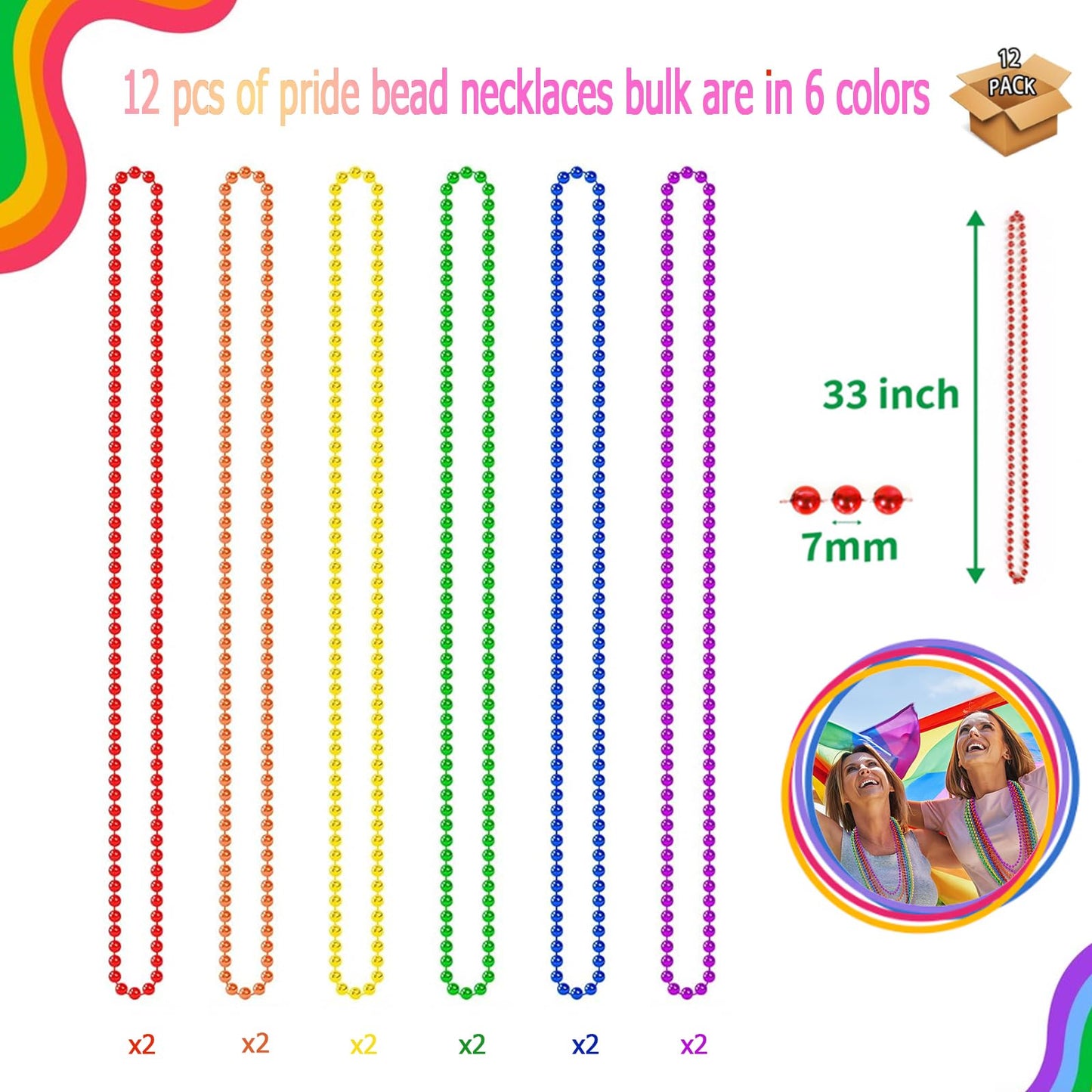 Zzyfgh 12 Pcs Pride Bead Necklaces, Gras Beads Necklaces, 33'' Lgbtq Pride Beads Women Men Stuff Pride Bead Accessories For Gay