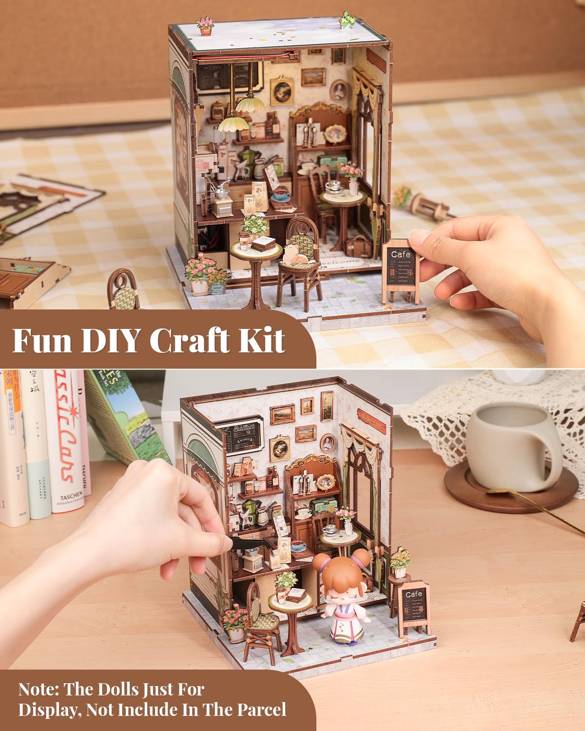 CUTEBEE Book Nook Kit - DIY Miniature House Dollhouse Kit for mature-themed and Teens  Booknook Bookshelf Decor Alley Model Build with LED Light  Gifts for Family and Friends (Sunny Cafe)