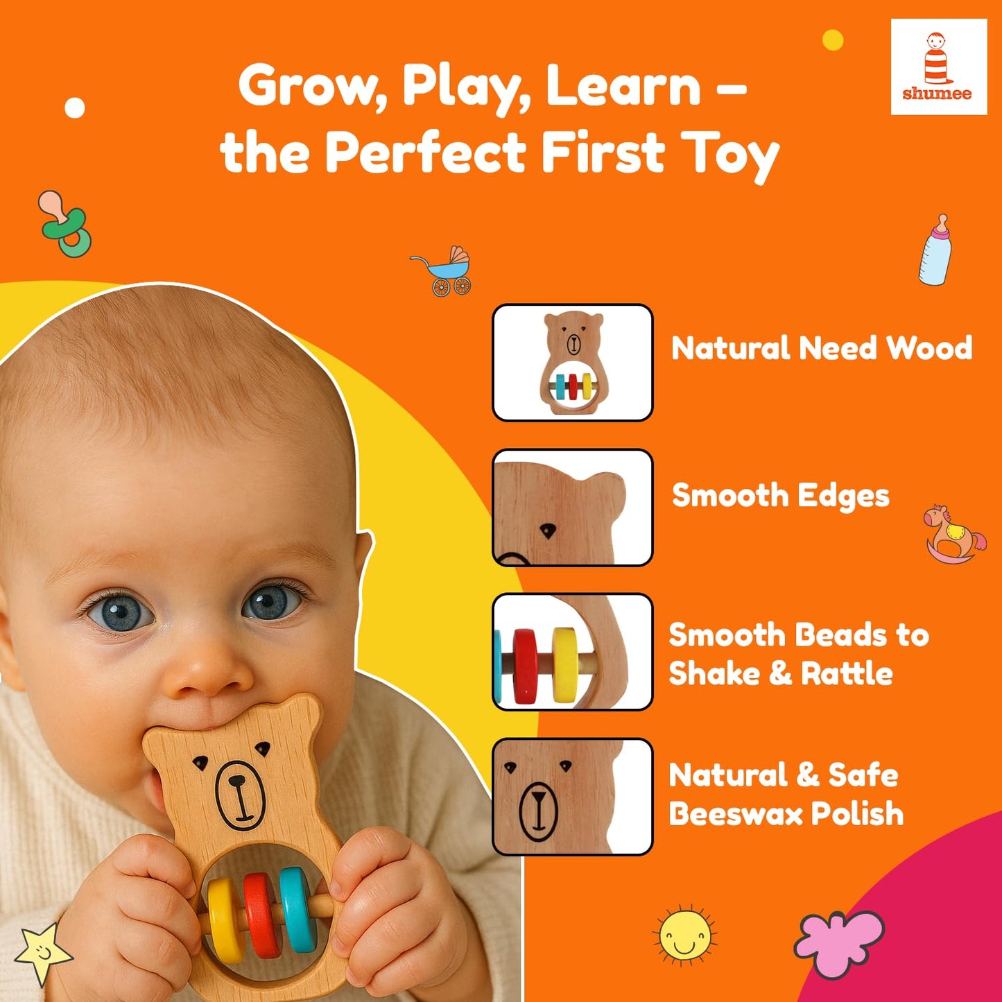 Shumee Wooden Baby Bear Rattle & Teether Wooden Montessori Toy For Babies (0-6 Months), Lightweight & Safe Enhances Grasping Woo
