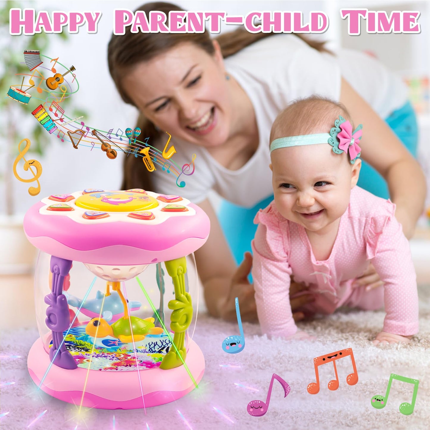 Baby Girl Toys For 6-12 Months Ocean Rotating Light Up Musical 6 7 8 9 Month Old Baby Toys Tummy Time Infant Toys 3-6 12-18 Months Crawling Baby Girl Toys 1 2 3 Year Old Baby Gifts For Girls (Pink)