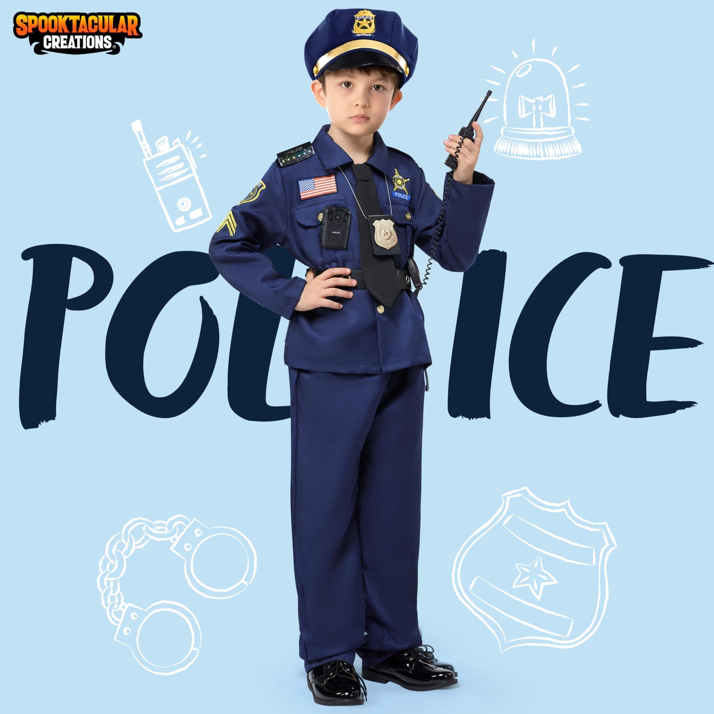 Spooktacular Creations Halloween Police Costume For Kids, Dark Blue Police Officer Costume For Boys, Toddler Cosplay Roleplay Themed Party (3T (3-4 Yrs))