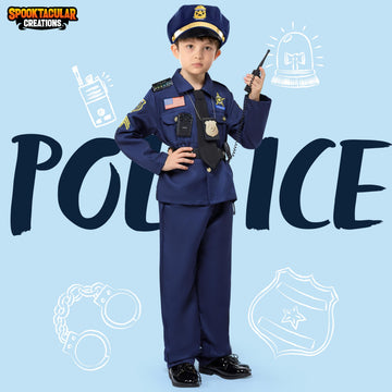 Spooktacular Creations Halloween Police Costume For Kids, Dark Blue Police Officer Costume For Boys, Toddler Cosplay Roleplay Themed Party (3T (3-4 Yrs))