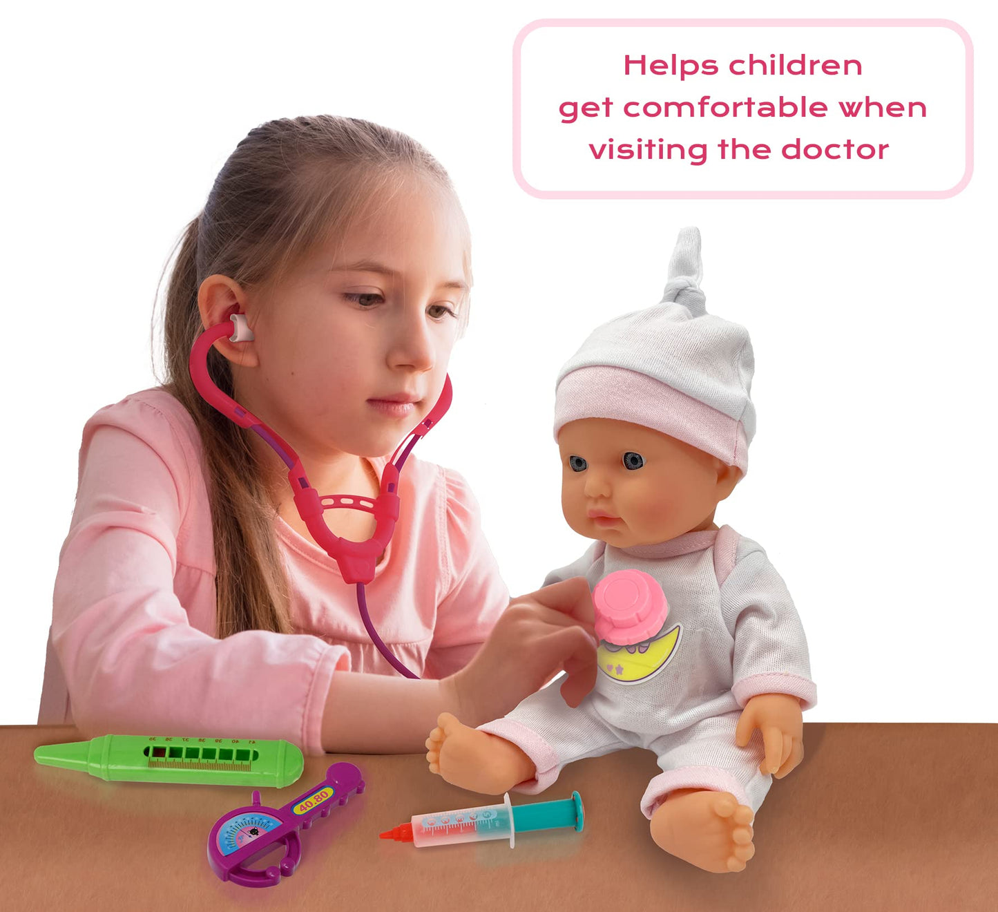 10  Baby Doll Doctor Set for Kids- Toy Nurse Kit for Toddler, Little Girl - Playset Pack with Checkup Accessories & Newborn Doll