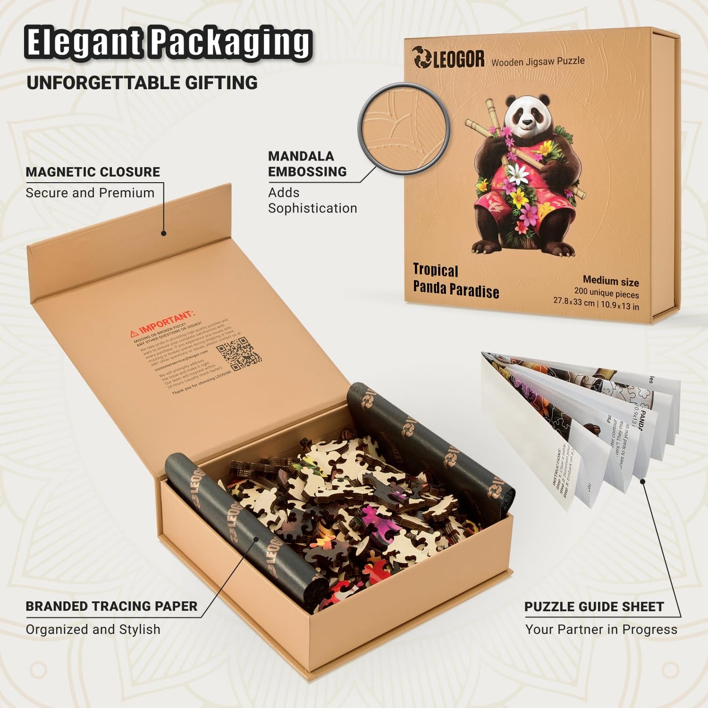 Tropical Panda Paradise - 200 Piece Wooden Puzzles for mature-themeds - 10.9 x 13 in - Extra-Thick 5 mm Wood Puzzle  Hand-Drawn Pieces  Animal Shaped Design - enhanced Gift for Puzzle Lovers by LEOGOR