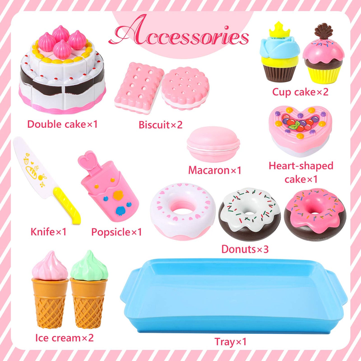 LOVESTOWN Pretend Desserts Food Toy, 15 PCS Play Food Desserts Set for Kids Kitchen, Play Dounts for Toddlers,Toy Food Ice Cream