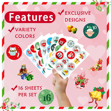 16 Sheets Christmas Advent Calendar Numbers Sticker, 24 Days Christmas Countdown Stickers Christmas Gift Tags Stickers For Envel