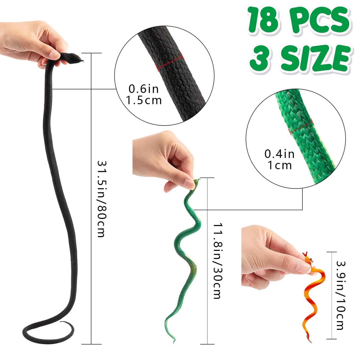 Hfatmos 18 Pcs Realistic Rubber Snakes, Assorted Sizes Plastic Snakes, Prank Snake Toys For Halloween Party, Tricking People, Kids Playing, Garden Props - Deter Squirrels, Mouse, Rabbits, Birds