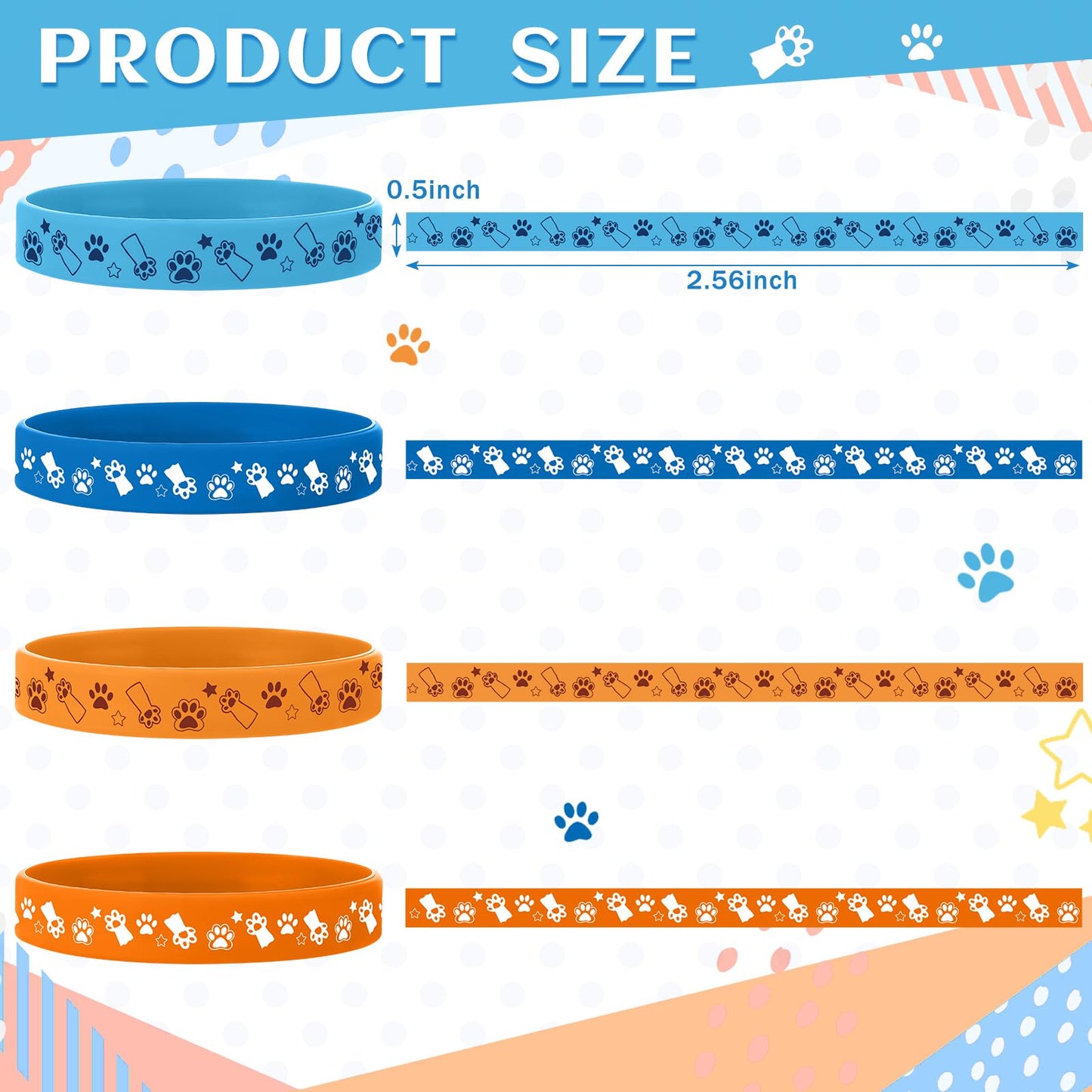Landical 24 Pcs Blue Dog Party Favor Blue Navy Brown Tan Orange Paw Patterns Silicone Bracelets Dog Birthday Decorations For Wed