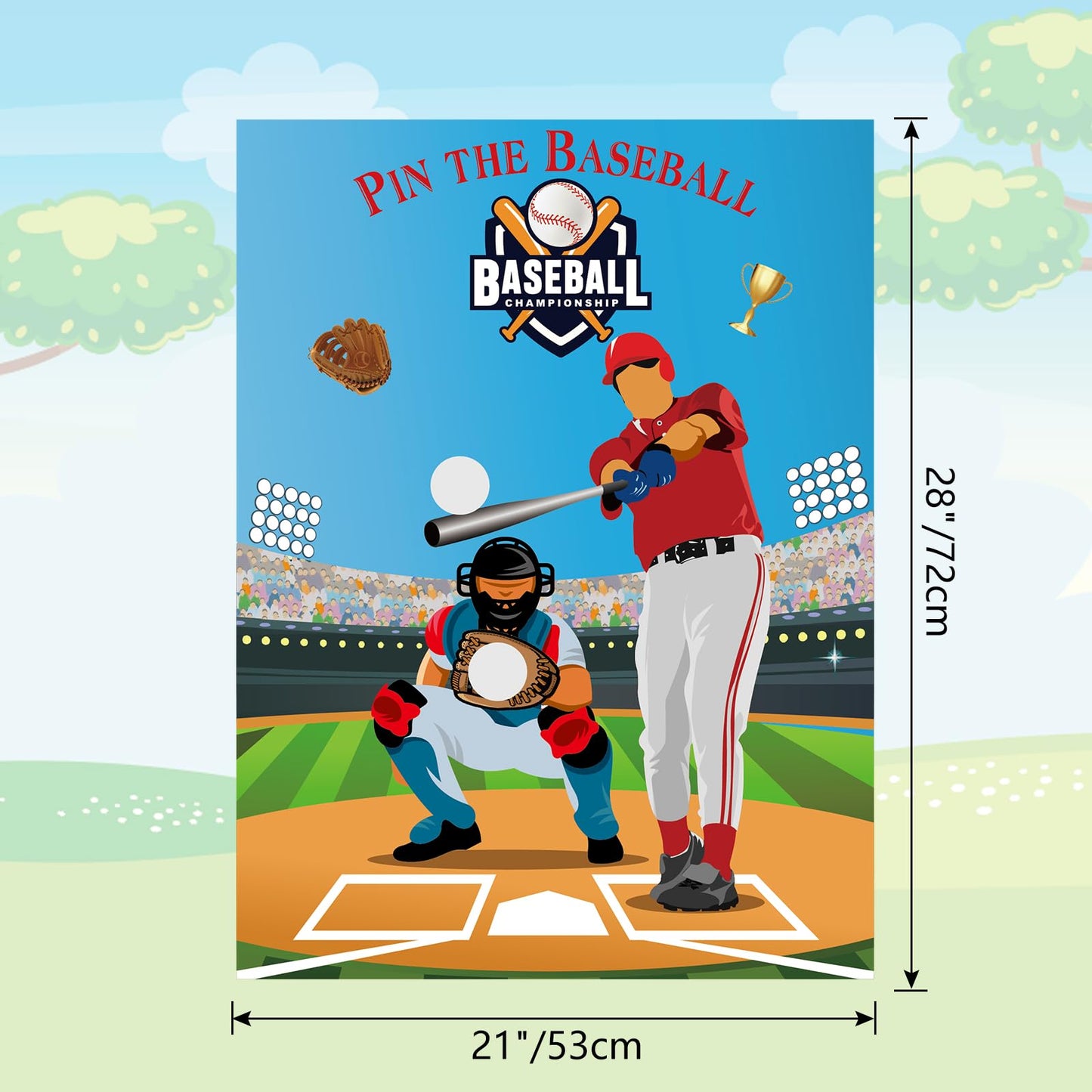 PLULON Pin The Baseball Party Game for Kids Pin the Baseball on the Glove and Bat Large Baseball Poster with Baseball Stickers for Boys Girls Birthday Party Wall Decorations Classroom Activities
