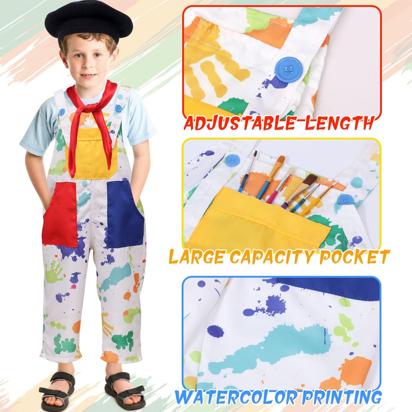 Tacobear Kids Artist Costume With Overalls Beret Beard Bow Tie Paint Bucket Brush, Halloween Career Day Outfit For Boys Girls