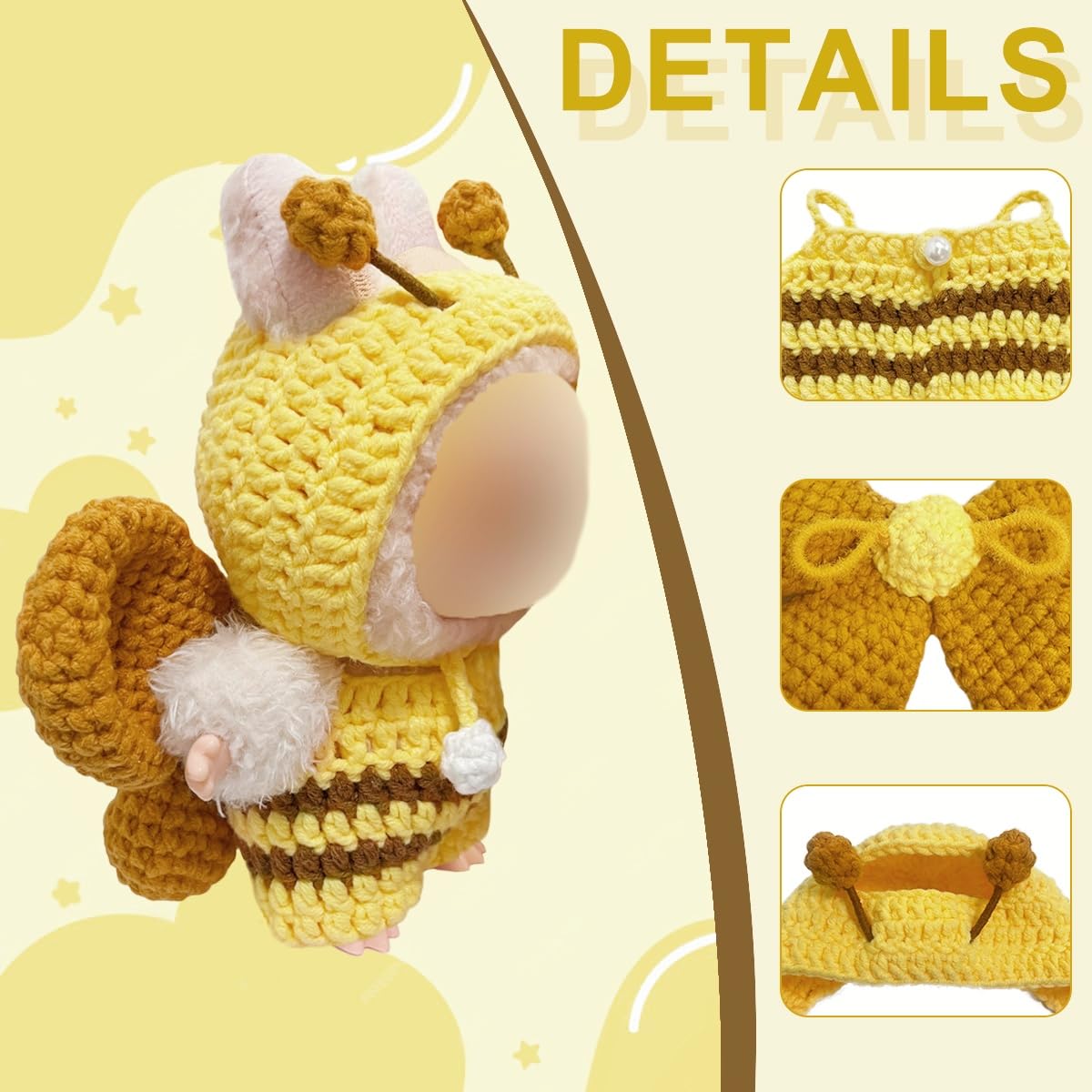 3-Piece Clothes for Doll 15-17cm Cute Bee Outfit for 6.7 Inch (17cm) Handcrafted Crochet Dress up Bee Style Outfits with Hat Overall Wings (No Doll Included) (Yellow)