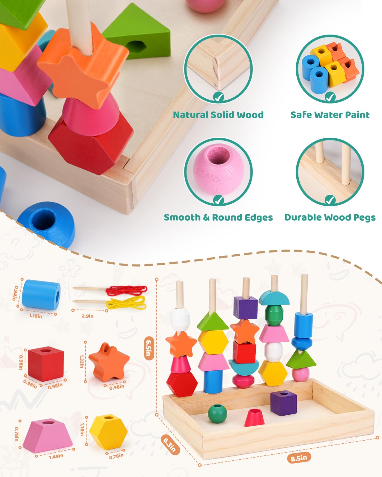 KidMigo Montessori Toys for 3 Year Old  Stacking Toys for Toddlers  Stacking Blocks  Lacing Beads  Matching Shape Preschool Toys  Montessori Toys for 3 4 5 Year Olds with Canvas Storage Bag