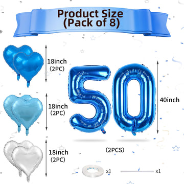 Biapian 40 Inch Blue Number 50 Balloons, 8Pcs Large Foil Number 5 & 0 Balloons With 18'' Blue Silver Heart Shape Balloon For 50T