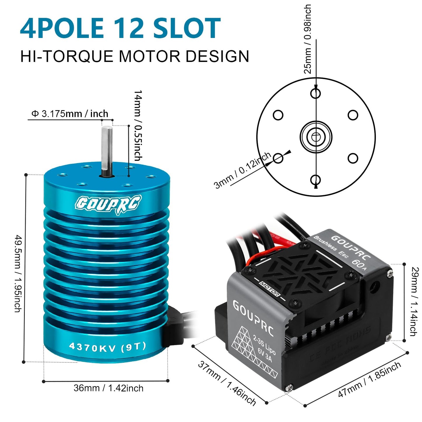Gouprc S3650 9T 4370Kv Brushless Motor 3.175Mm Shaft With Upgrade 60A Esc Electric Speed Controller Combo Set For 1/10 Rc Car Tr